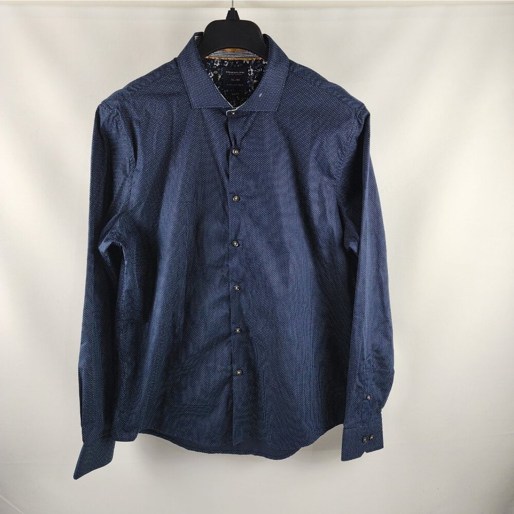 Denim & Flower Shirt Mens XL/44 Blue White Print Poplin Ricky Singh Slim Fit NWT